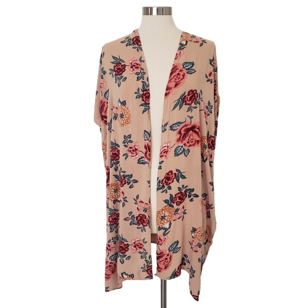 Angie Floral Kimono Cardigan Lightweight‎ Beige Rose Duster M